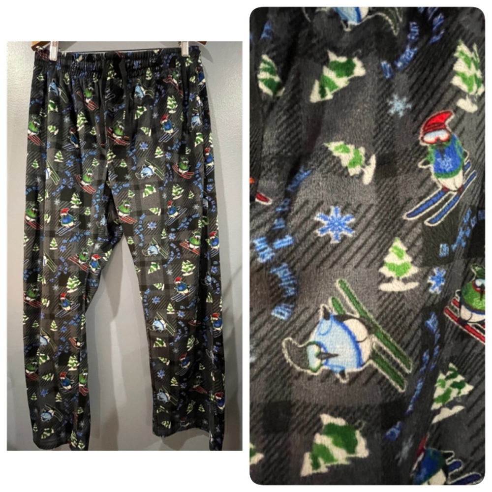Hawke & Co Sleepwear Black Fleece Men’s Pajama Pants Skiing Penguin’s Size XL